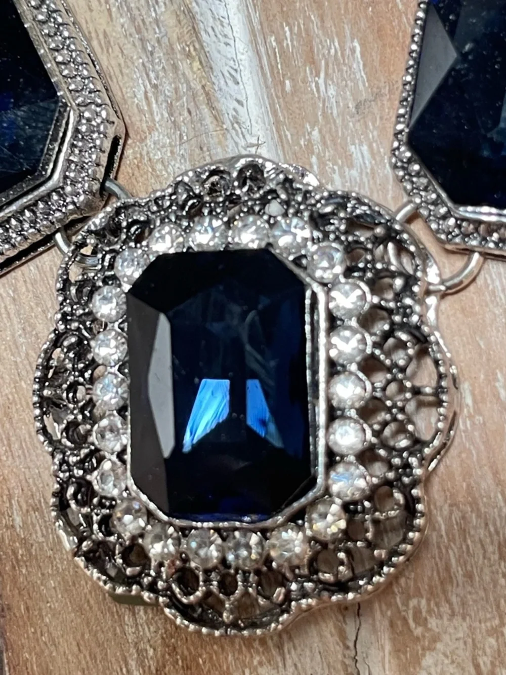 Deep Blue Crystal Statement Necklace in Silvertone Setting